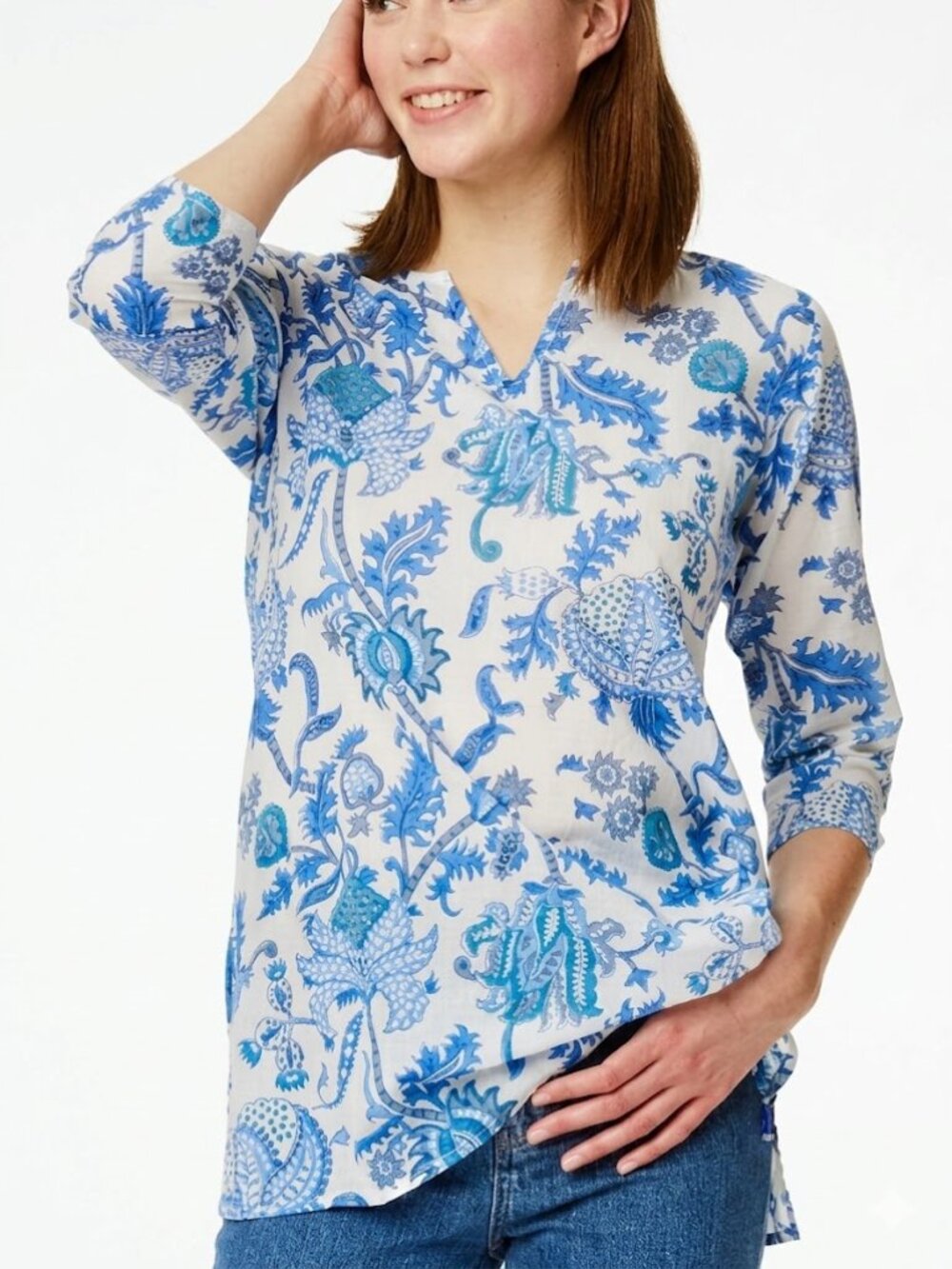 Roller Rabbit Amanda Kurta Tunic Blue Floral Cotton Beach Coverup Small